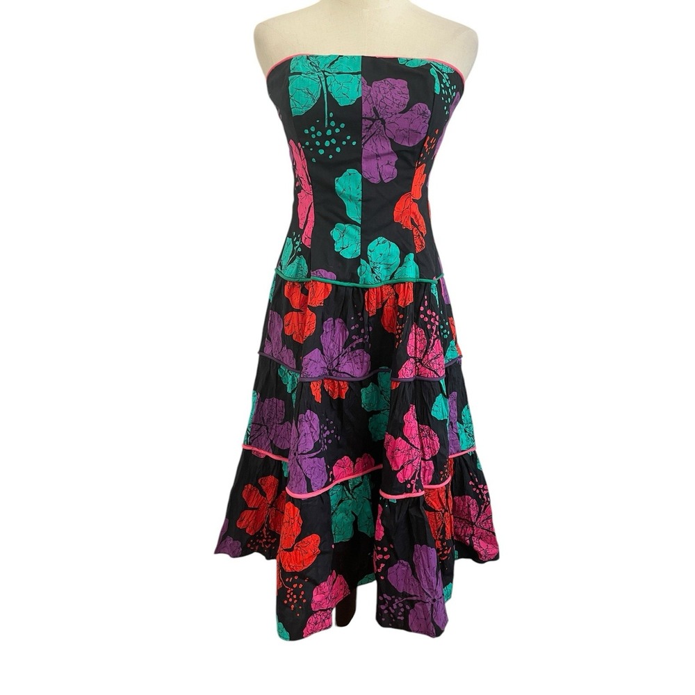Vtg 80s Strapless Dress Floral Hawaiian Tired Skirt Cotton Sz S Boho Colorful